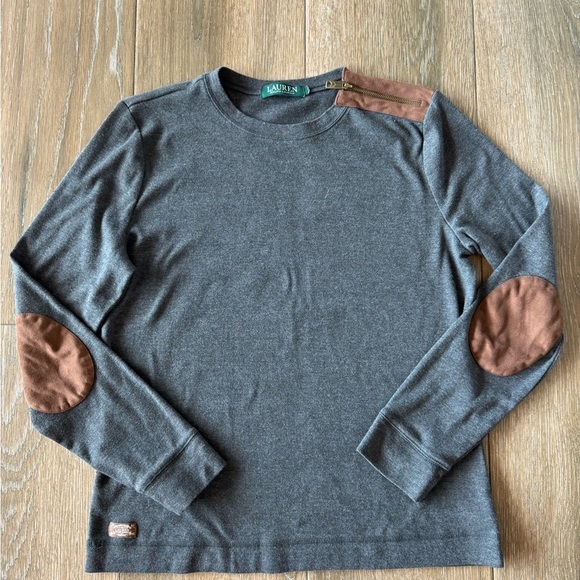 Ralph Lauren charcoal long sleeve T womens size small faux suede accents - Picture 1 of 11